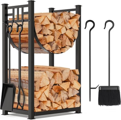 Groot brandhout rek voor open haard - Ruimtebesparend design met gereedschapshouders