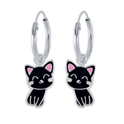 Zilver kinder oorbellen meisje met zwart katje hangertje | Oorringen zwart poesje hanger | Kinderoorbellen meisje zilver | Zilverana | 925 Silver (Echt zilver)