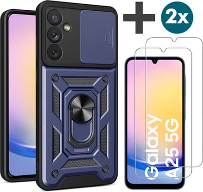 Hoesje met 2 Stuks Screenprotectors Geschikt voor Samsung Galaxy A25 Met draaibare Ringhouder en camera bescherming - Arara backcover - Blauw