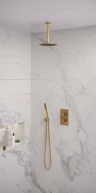 Brauer Gold Edition thermostatische inbouw regendouche 3-weg omstelling SET 29 met 20 cm douchekop en plafondarm en staaf handdouche en doucheslang en wandaansluitbocht goud geborsteld PVD