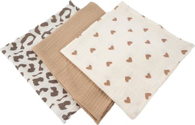 Honeybears hydrofiele doeken – 3 stuks - Inbakerdoek hydrofiel baby – Hydrofiele luierdoek – Panter - Hartjes - Bruin – 60 X 60 CM