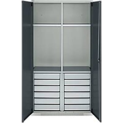Schäfer Shop Genius materiaalkast FS, 5 OH, afsluitbaar, 4 legborden/12 laden, tot 450 kg, B 1055 x D 520 x H 1950 mm, staal, lichtgrijs/antracietgrijs