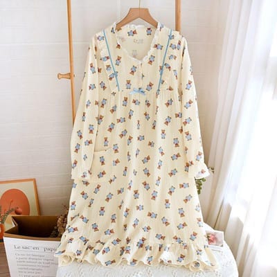 Nieuwe Dames Katoenen Nachthemden van Middellange Lengte Zoete Dames Prinsessenstijl Nachtjurk met Lange Mouwen Losse Casual Zwangerschapsnachthemden XL beige