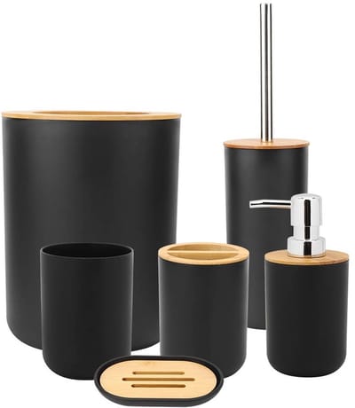 Dailygoods- Badkameraccessoire Set 6-delig - Zeepbakje - Tandenborstelhouder - Spoelbeker - Lotionfles - Vuilnisemmer - Duurzaam en Slijtvast - Badkamer Set