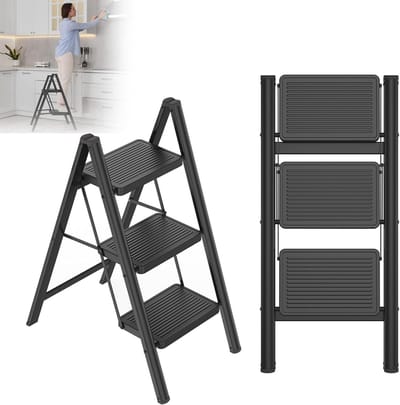 Inklapbare Trapladder - Vouwkruk Opstapkruk - Huishouden Kantoor - Breed Anti-slip Pedaal - 42x59cm - Zwart