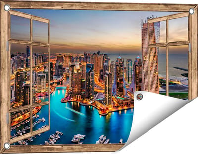 Gards Tuinposter Doorkijk Dubai Haven met de Stad - 60x40 cm - Tuindoek - Tuindecoratie - Wanddecoratie buiten - Tuinschilderij