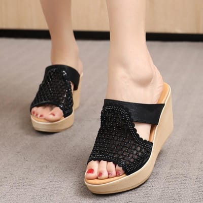 Zomer Strass Sleehakken Dames Slippers Platform Peep Toe Hoogteverhogende Slides Sexy Dames Schoenen De Mujer 43 beige