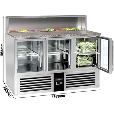 GGM Gastro Saladette PREMIUM - 1370mm - 3 Glastüren - für 7x Behälter GN 1/6 - Edelstahlaufsatz