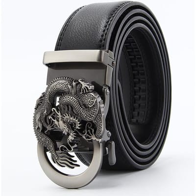 Nieuwe Draakvormige Tweelaagse Koeienhuid Riem Heren Automatische Gesp Echte Koeienhuid Zakelijke Casual Riem 110-130cm black