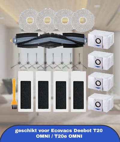 Reserveonderdelen Accessoires geschikt voor Ecovacs Deebot T20 OMNI / T20e OMNI Stofzuiger, 1 Hoofdborstel, 4 HEPA-filters, 4 Poetsdoeken, 4 Stofzakken, 8 Zijborstels, 1 Reinigingsborstel