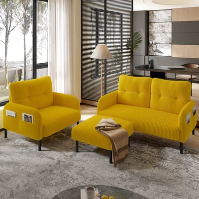 DESMIU Bank - 3-Delige Set Met 2-Zitsbank, Fauteuil En Hocker - Met Zijvak En Diepe Zit - Voor Woonkamer Of Slaapkamer - Corduroy Geel