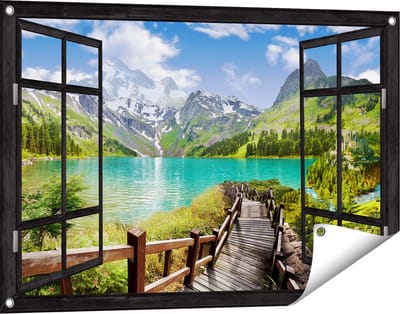 Gards Tuinposter Doorkijk Pad naar een Helder Blauw Meer in de Bergen - 90x60 cm - Tuindoek - Tuindecoratie - Wanddecoratie buiten - Tuinschilderij