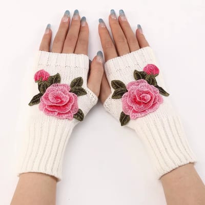 Vingerloze Gebreide Handschoenen voor Dames – Warme Wollen Polswarmers met Geborduurde Bloemen – Herfst Winter Mode Accessoire