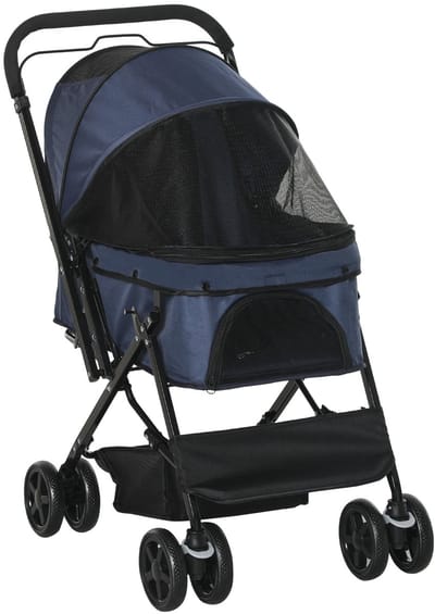 Merax Kattenbuggy Blauw Opvouwbaar voor Kleine Honden en Katten met Netvensters Veiligheidslijnen en Opbergvak