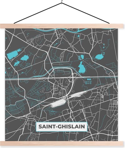 Posterhanger incl. Poster 40x40 cm - Schoolplaat - Kaart – Plattegrond – Stadskaart – Saint Ghislain – België - Grijs - Textielposter - Blanke latten - Stadskaart