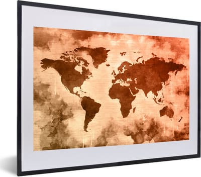 Poster in lijst - Fotolijst 60x40 cm - Posters - Wereldkaart - Rood - Bruin - Posterlijst zwart - Decoratie - Wanddecoratie woonkamer - Muurdecoratie slaapkamer