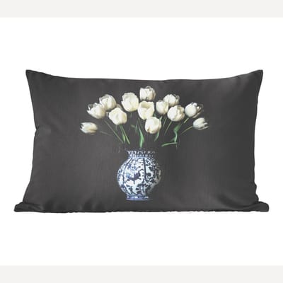Sierkussens - Kussentjes Woonkamer - 60x40 cm - Wit - Bloemen - Tulpen - Vaas