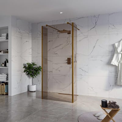 FugaFlow Eccelente Vetro Vrijstaande inloopdouche badkamer - 90x200cm - Rookglas - antikalk - 8mm veiligheidsglas - 2 zijwanden 40cm - met wandarmen en hoekprofielen - Koper geborsteld -