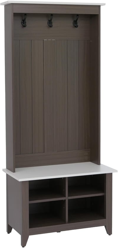 Garderobekast MCW-P28, staande garderobekast met schoenenrek en zitbank, 3 haken, 4 opbergvakken, melamine, 170 x 76 x 39 cm ~ walnootlook, beige