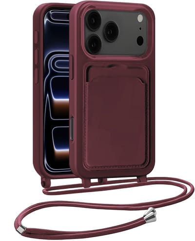 Hoesje Geschikt voor iPhone 17 Pro / 18 Pro Hoesje Met Telefoonkoord en Pasjeshouder Siliconen - Hoes Geschikt voor iPhone 17 Pro / 18 Pro Hoesje Met Kaarthouder Case - Aubergine
