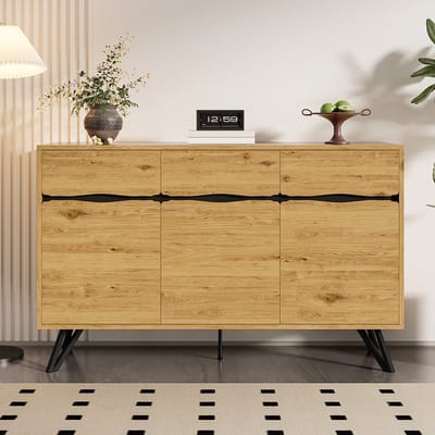 Pugsdrly Drie-deurs dressoir in houtlook met metalen poten – Modern design, veel opbergruimte, stabiel en onderhoudsvriendelijk – Geschikt voor de woonkamer, eetkamer, hal