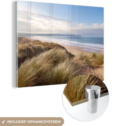 MuchoWow® Glasschilderij 120x90 cm - Schilderij acrylglas - Duin - Strand - Water - Foto op glas - Schilderijen