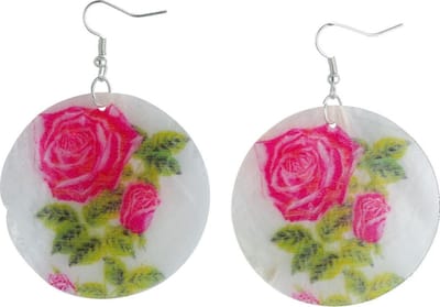 Behave - Oorbellen - Ronde Schelpen Oorhangers met Roze Fuchsia Roos motief