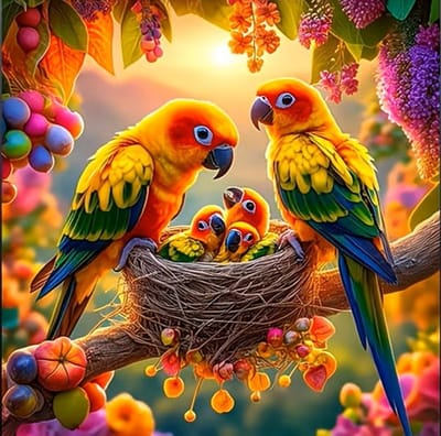 40x40cm Diamond Painting papegaaien nest nr 598