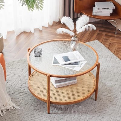 Rotan Salontafel - Ronde Middentafel - Woonkamer Decoratie - Watergolf Glas Design - 30 Inch Diameter - Walnoot Bruin