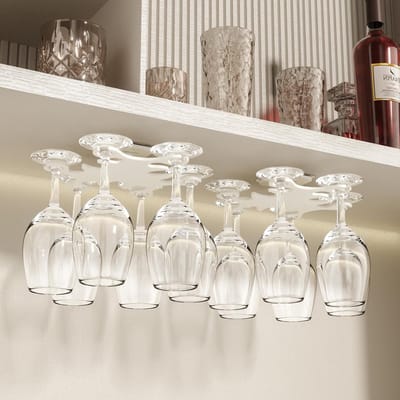 360° Draaibare Wijn Glas Houder voor Onder Plank, Gemakkelijk te Installeren, Ideaal voor Keuken en Bar, Set van 2, Wit, Ruimtebesparend en Functioneel