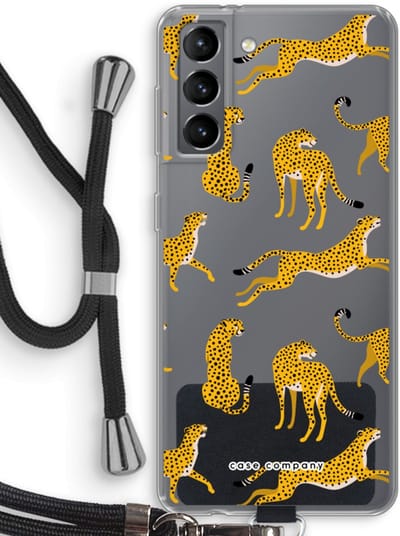 Case Company® - Hoesje met koord geschikt voor Samsung Galaxy S21 hoesje met Koord - Luipaard - Telefoonhoesje met Zwart Koord - Bescherming aan alle Kanten en Over de Schermrand