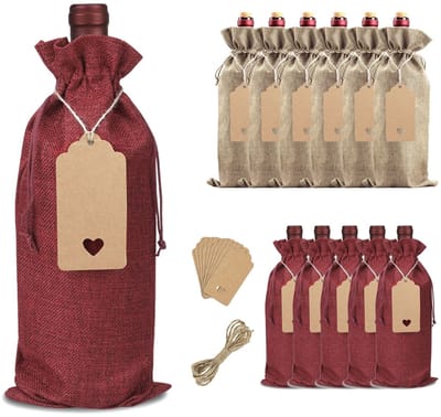 Dailygoods- Wijnzak - Jute Wijnzakken 12 Stuks - Herbruikbare Flessentas - Opvouwbaar - Cadeauverpakking Wijnfles - Trekkoord Met Etiketten