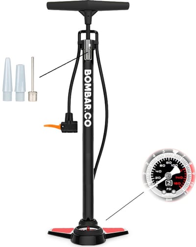 BOMBAR – Fietspomp met 11Bar Drukmeter + Extra Ventielen – Multifunctioneel Mondstuk voor Presta & Schräder – 1kg. Aluminium Frame – Compact – Inklapbaar Voetstuk – Vloerpomp voor Scooterbanden, Autobanden, Opblaasspeelgoed en Ballen