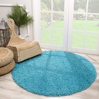 Rond Loca Shaggy Vloerkleed – Modern Uni Effen – Turquoise Blauw Hoogpolig & Zacht- 240 CM Ø