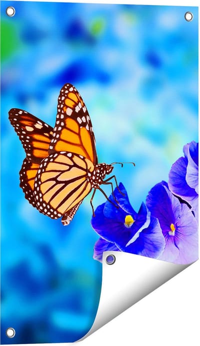 Gards Tuinposter Oranje Vlinder bij Paarse Bloemen - 40x60 cm - Tuindoek - Tuindecoratie - Wanddecoratie buiten - Tuinschilderij