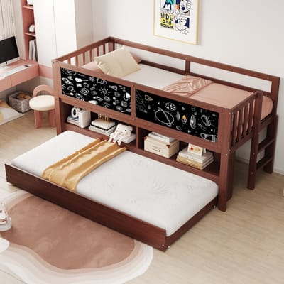 Kinderhausbett - 90x200 cm - Uittrekbed + Graffiti-Tafel + Opbergruimte + Kletterleiter - Massief Holz - Braun