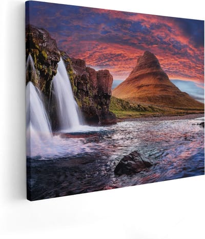 Artaza Canvas Schilderij Landschap IJsland - 50x40 cm - Wanddecoratie Waterval - Muurdecoratie Zonsondergang - Kamer Accessoires Natuur