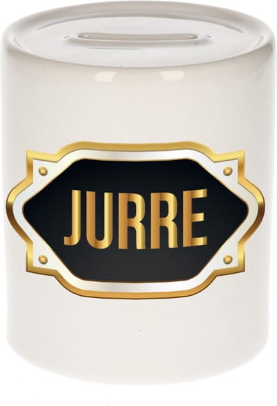 Spaarpot met voornaam Jurre - wit - met goud/zwart embleem - 8 x 9 cm - keramiek - met afsluitdop - cadeau verjaardag