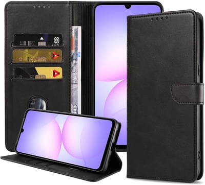 Geschikt voor Samsung Galaxy A07 Telefoonhoesje Kunstleer met Magnetisch lipje en Pasjeshouder Book Case met Klepje - Walletcase with Cardslot - Zwart - Smartphonica geschikt voor Samsung Galaxy A07