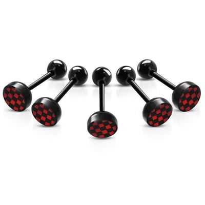Aramat Jewels | Tongpiercings | Zwarte Bioplast Tongpiercing hem en haar | Geruit-Zwart-Rood | |8mm | Kunststof | Volwassenen | Verkleurd niet