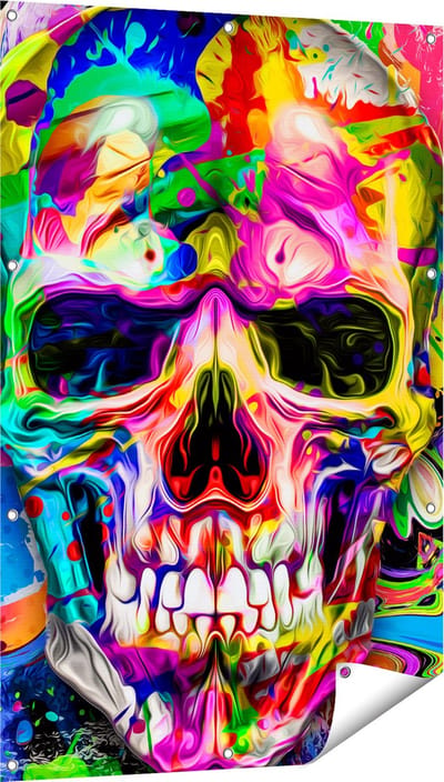 Gards Tuinposter Gekleurde Schedel - Doodskop - Doodshoofd - 80x120 cm - Tuindoek - Tuindecoratie - Wanddecoratie buiten - Tuinschilderij