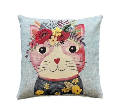 Kussenhoes - Gobelinstof - Kat in Frida Kahlo stijl - Blauwe achtergrond - Penny - 45 x 45 cm