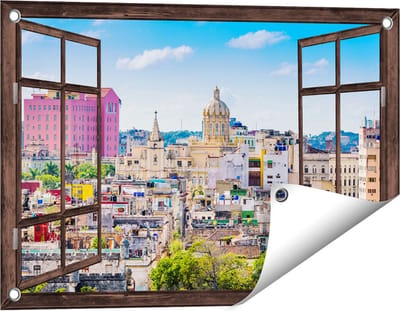 Gards Tuinposter Doorkijk Havana Stad in Cuba - 60x40 cm - Tuindoek - Tuindecoratie - Wanddecoratie buiten - Tuinschilderij
