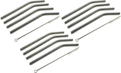 Drinkrietjes RVS - 12x stuks - incl. reinigingsborstel - herbruikbaar - metalen rietjes