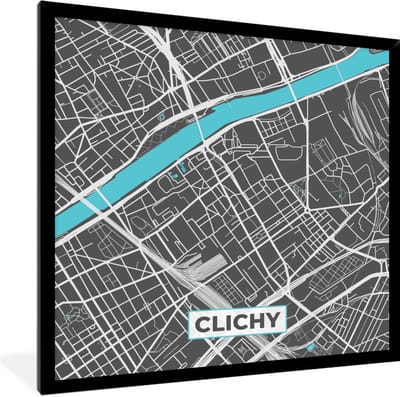 Fotolijst incl. Poster - Clichy - Frankrijk - Plattegrond - Kaart - Stadskaart - 40x40 cm - Posterlijst