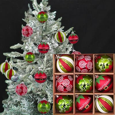 Kerstballen set van 9 stuks in rood en groen, plastic kerstboomversieringen voor een feestelijke sfeer