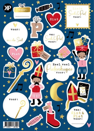 Stickervel A5 – Sinterklaas – 21 vrolijke Sinterklaasstickers met Pieten, cadeautjes en “voor…” labels – Cadeaustickers – FSC