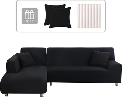 Bankhoes Hoekbank L-vorm Bankspreien Stretch bankhoes L-vorm rechts of links met twee kussenhoezen Wasbaar Universele bankhoes L-vorm Bankhoes L-vorm (2-zits en 2-zits, zwart)