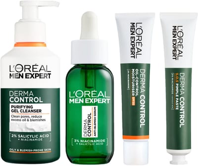 Men Expert Cadeauset Derma Control Compleet - Men Expert Derma Control Moisturiser Oil Control SPF30 40 ml - Men Expert Derma Control SOS Pimple Paste 45ml - Men Expert Derma Control Serum Niacinamid