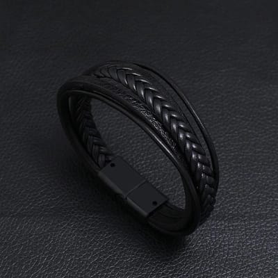 Heren Armband Leer met Enkele Vlecht - Zwart met Zwarte Sluiting - Armbanden - Papa Cadeau Voor Mannen - Vaderdag